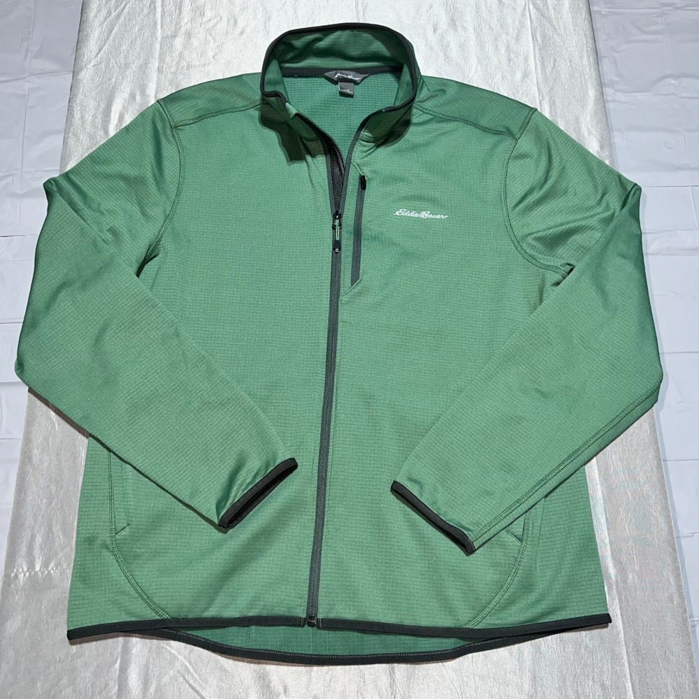 Eddie Bauer Mens Large Green Full Zip Grid Fleece Jacket Lightweight Outdoor L